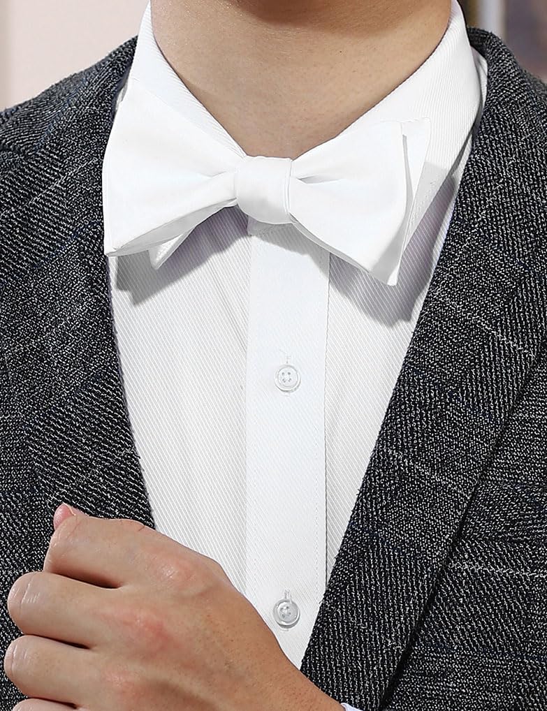 PenSee Mens Self Bow Tie White Solid Jacquard Woven Silk Bow Ties - Image 2